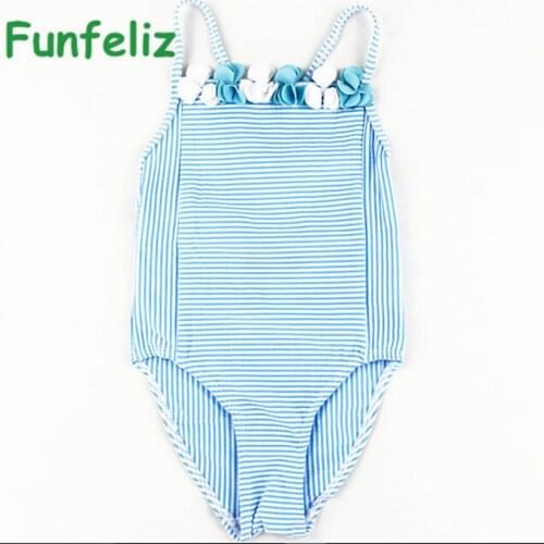 Funfeliz Girl Swimwear Cute Baby Girl Bathing Suit Children One Piece Swimsuit Blue Striped Swimwear for Kids 6M-11 Years