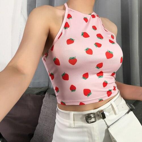 Hirigin Women Strawberry Crop Top Halter Vest Bustier Camp Tank Top T-Shirt