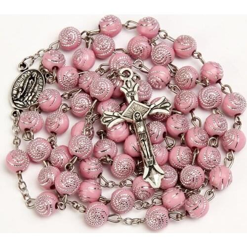 Classic 8MM Spiral Plastic Rosary Necklace, Santa Maria Prayer Necklace, Christian Cross Necklace Religious Jewelry