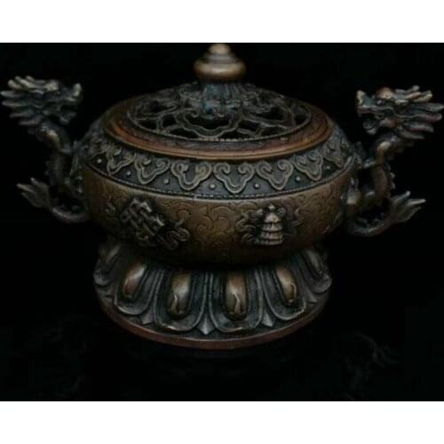 Old Chinese Bronze Dragon Head Loong Beast Fengshui Wealth Incense Burner Censer