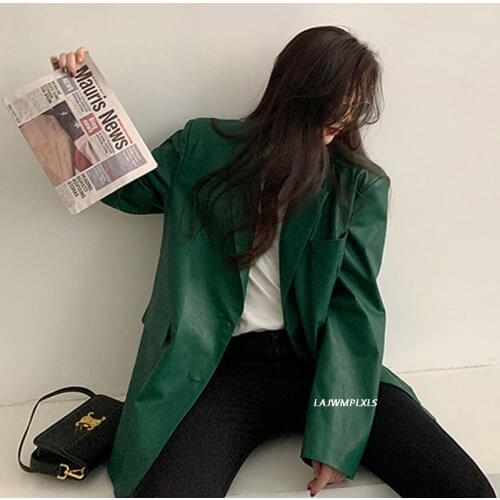 Fashion PU Leather Jacket Women New Korean Style Ladies Casual Green 2021 Vintage Leather Blazer Design Clothes Streetwear