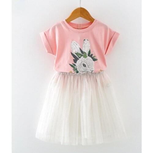 Summer Brand Fashion Girls Clothes Cartoon Rabbit T-shirt + Mesh Dress 2pcs Cute Children Clohting Baby Clothing