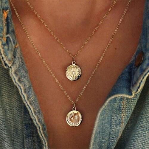Hot Selling Jewelry with Stars Personality Tide Stylish Moon Pendant Multilayer Alloy Necklaces