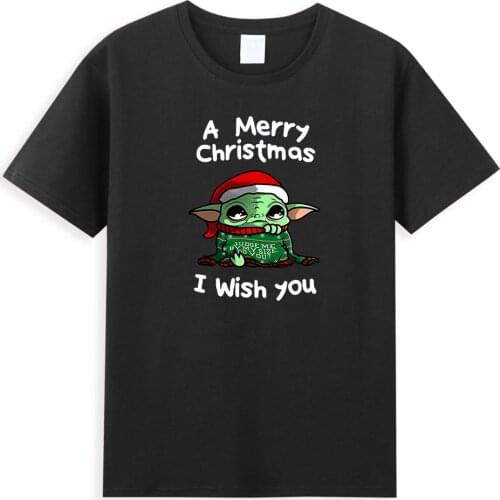 A Merry Christmas I Wish You Yoda Men T-Shirt Hip Hop Star Wars Mandalorian Mens T Shirts Vintage Cotton Summer Male Tops Tee
