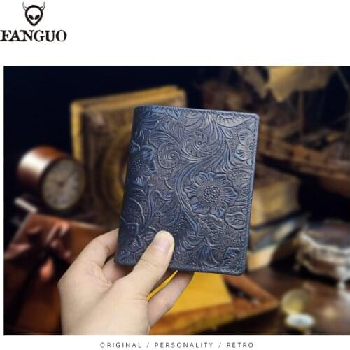 Embossed Pattern Mens Wallet Genuine Leather Vintage Short Wallets Card Slots Photo Holder Purse Thin Large Capacity Money Bag