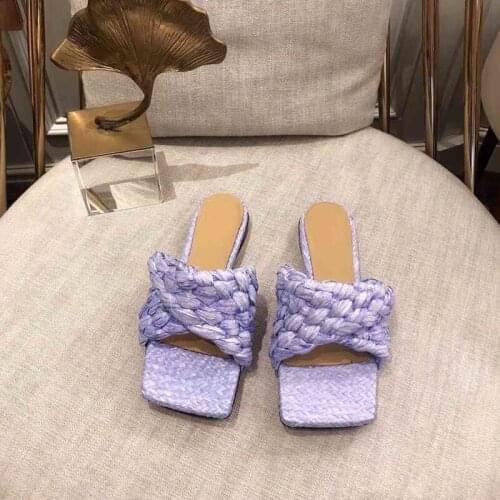 Summer Women Weave Shoes Female Mules Concise Slippers Beach Chaussure Ete Femme Flat Square Toe Shoes White Slides Fashion