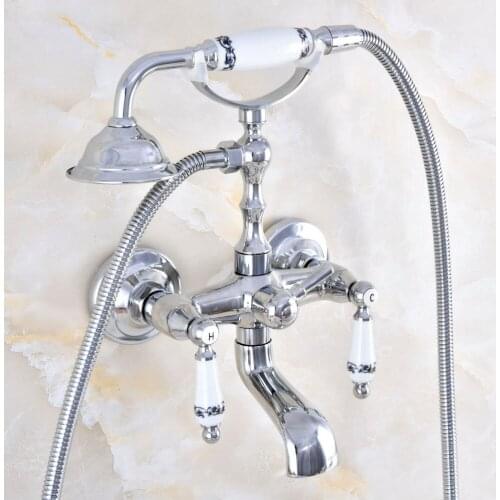 Silver Chrome Brass Wall Mounted Bathroom Tub Faucet Set with 1500MM Handheld Shower Spray Head Bath Mixer Tap 2tf872
