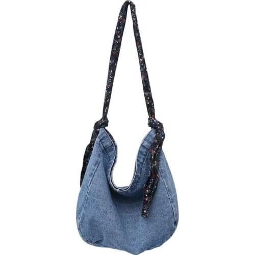 2021 New Denim Canvas Bag Silk Scarf Shoulder Strap One-shoulder Diagonal Female Bag Retro Fashion Large-capacity Student Bag