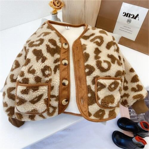 2-7Y Girls Jacket Leopard Print Fashion Lamb Cashmere Plus Velvet Thick Coat Jacket 21 Autumn Winter New Childrens Clothing