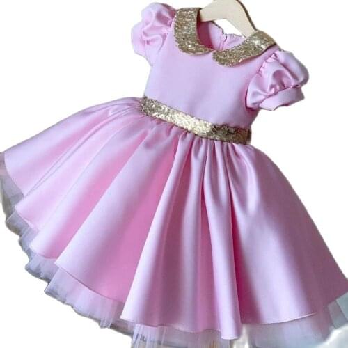 Simple Pink First Communion Dress Glitter Sequin Bow Girl Birthday Dress Christmas Party Dress vestido de festa de casamento