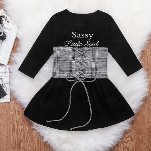 Pudcoco Toddler Baby Girl Clothes Letter Print Long Sleeve Dress Lace Up Waistcoat Princess Party Pageant Dress Clothes