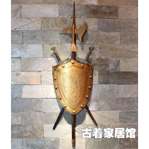 Retro bar jewelry / iron shield sword axe / Europeum Hotel lobby the living room wall decoration background