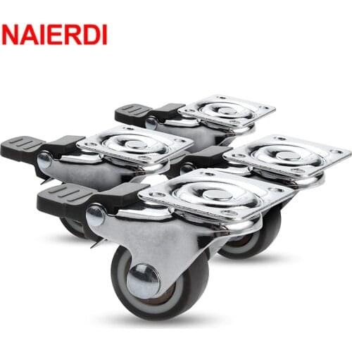 NAIERDI 4PCS TPR Soft Rubber Swivel Casters Wheels Heavy Duty Roller Trolley Caster With Brake for Furniture Platform Trolley