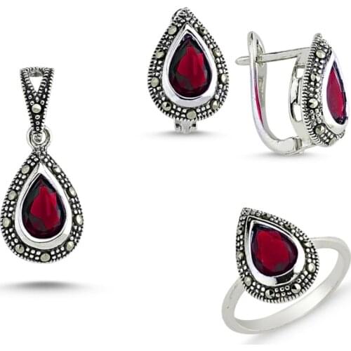 Silver 925 Sterling Marcasite Pendant Earring & Ring Set