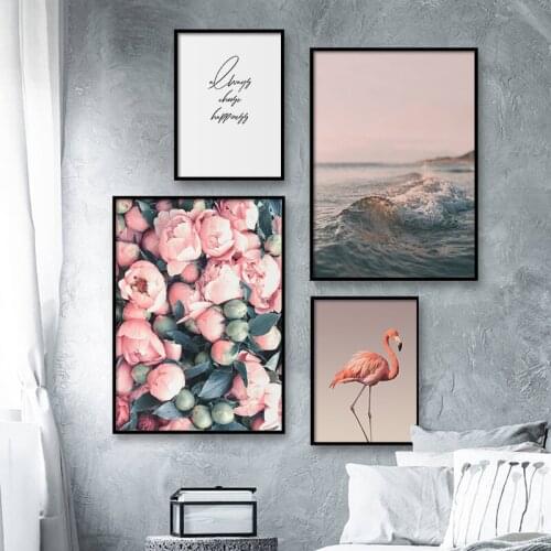 Nordic Modern Flamingo Rose Flower Painting Wave Canvas Print Seascape Poster Wall Art Picture for Living Room Home Decoration