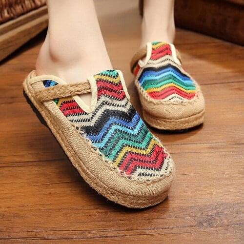 Woman Shoes Flats Embroidered Weave Canvas Antiquity Womens Slippers Casual Mixed Colors Cover Toe Female Footwear 2021 New