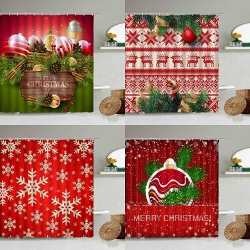 Merry Christmas Shower Curtain New Year Xmas Theme Bathroom Decor Elk Christmas Tree Balls Waterproof Curtains With Hooks Set