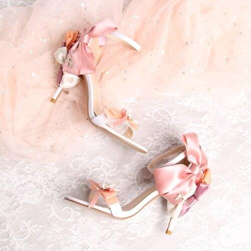 2021summer new bow knot open toe stiletto sandals with buckle sweet fashion adult gift high heels female large size wedding shoe