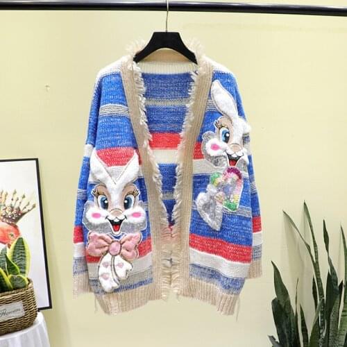 Lazy style sweater women 2020 autumn winter new tide brand stripe contrast heavy industry cartoon sequined rabbit cardigan coat