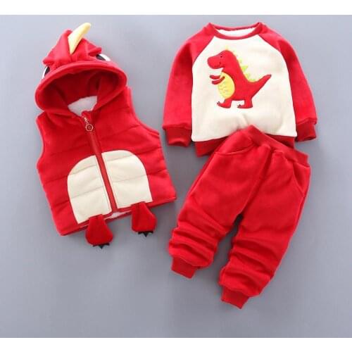 Winter 0-4 Year Infant Boys Girls Baby Cute Three-Piece Suit Plus Velvet Thick Suit Hooded Vest+Sweater+Pants Kids Clothes