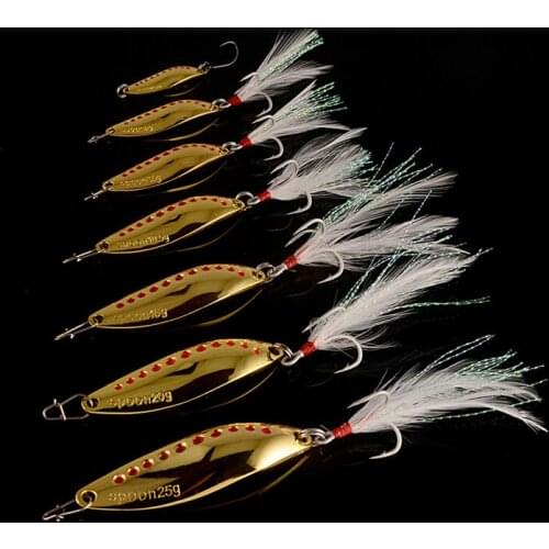 10Pcs/Lot Spoon Fishing Lures Leech Gold/Silver Artificial Hard Bait Metal Sequin Paillette Steel Feather Blood Slot Treble Hook