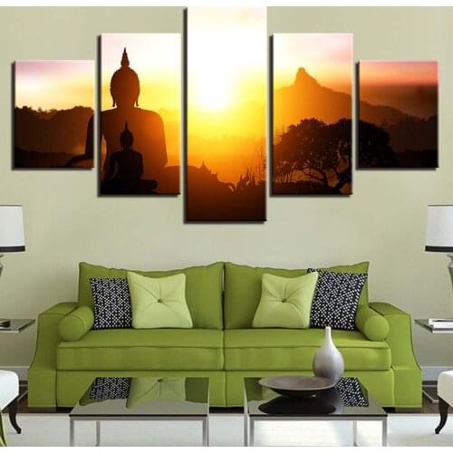 HD Printed Home Decor Wall Art 5 Pieces Buddha Canvas Painting Modular Mountain Tree Landscape Pictures Sunset Scenery Poster