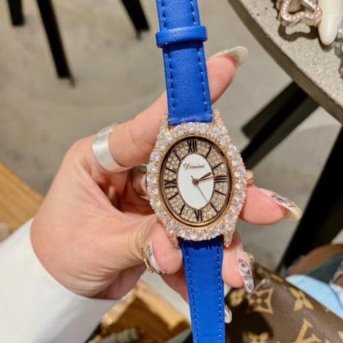 Delicate Crystals Jewelry Watches for Women Vintage Oval Wrist watch Waterproof Genuine Leather Strap Watch Roman Number Montre