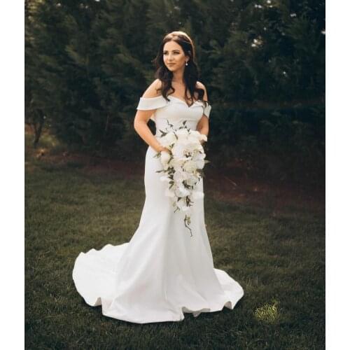 Long Off Shoulder Mermaid Wedding Dresses Ivory Elegant Illusion Back Satin Robes De Mariée Bridal Gown For Women