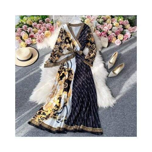 Elegant Hedging Retro French V-neck Dress Fashionable Waist Slim Ladys Large High Waist Long Skirt Birthday Dress for Women