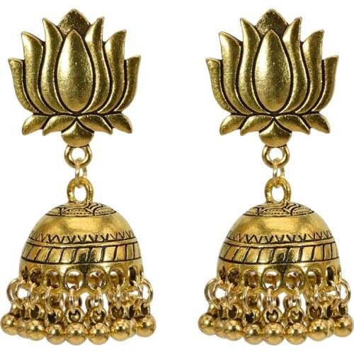 Ethnic Vintage Indian Womens Turkish Lotus Flower carved Jhumka Earrings Indian Bell Tassel Dangling Earrings Turkey Jewe