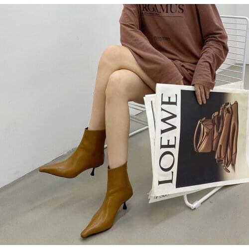 Fashion Women Chelsea Booties Black/Brown Pointed Toe Back Zipper Solid Color Short Party Pumps Thin High Heels Shoes Woman 39