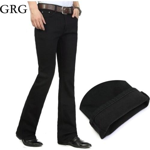 Free Shipping High Quality Men Winter Worm Fleece Color Black Boot Cut Jeans Business Casual Flare Pants Mid Waist Trousers