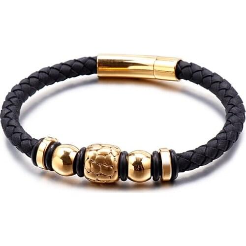 Retro Jewelry Stainless Steel Metal Beads Braid Black Leather Bracelet for Men 215*6mm