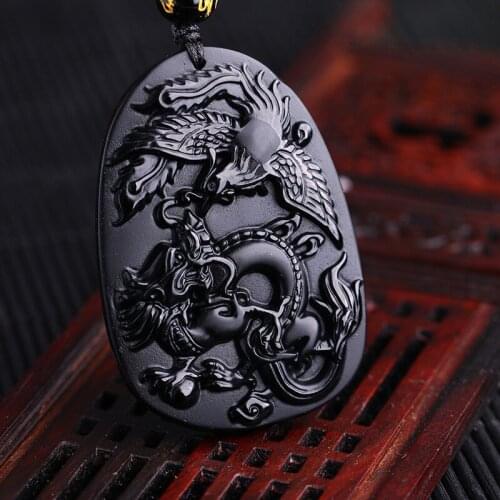 Natural Black Obsidian Hand Carved Chinese Buddha Dragon And Phoenix pendant lucky amulet Pendant Fashion Jewelry Dropshipping