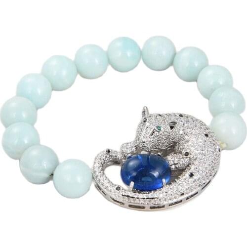 JK Natural 12mm Round Blue Amazonites Bracelet For Women Men Lady Jewelry