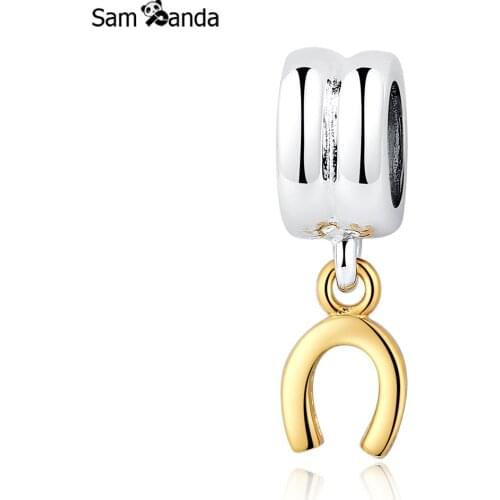 Authentic 100% 925 Sterling Silver Bead Charm Gold Horseshoe Pendants Fit Pandora Bracelets & Bangles Women DIY Trinket Jewelry