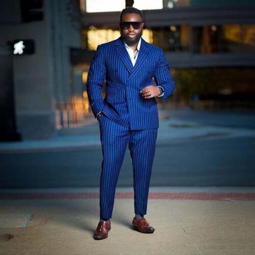 Plus Size Blue Rope Stripe Doube Breasted Mens Suits Notched Lapel Prom Blazer Custom Made Jacket and Pants for Prom Party