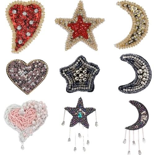 Bead Fringe Star Moon Exquisite Heart Patch Clothing Brooch Eyes Sew on Rhinestone Crystal Applique Apparel Badge