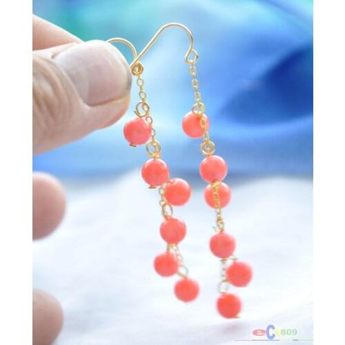 S1582 natural 6mm pink coral round dangle earring