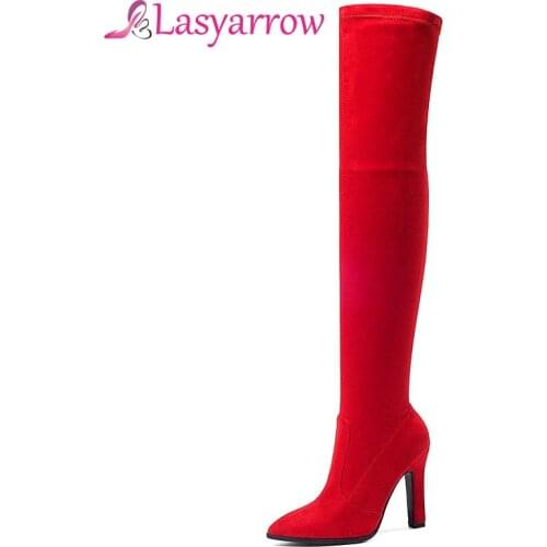 Lasyarrow Sexy Slim Over the Knee Boots Womens Black Red Thigh High Stiletto Boots Elastic Suede High Heel Long Botas Feminina