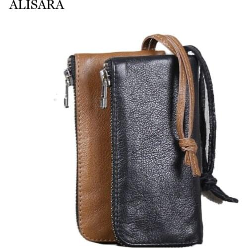 Alisara Housekeeper Key Bag Men First Layer Cow Leather High Quality Women Casual Storage Coin Purses Simple Credit Card Wallet