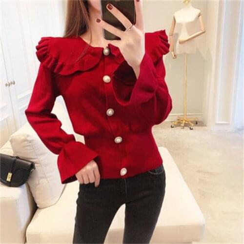 2021 Sweater Women Spring Womens KoreanFashion Doll CollarTemperament Bell Sleeve Knit Cardigan Women H173