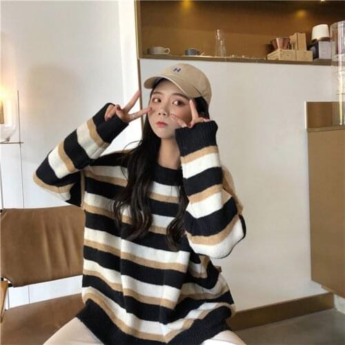 Sweatshirt For Women New Korean Style Autumn And Winter Stitching Striped Sweater Loose Wild Sweater Fashion Girl Pullover