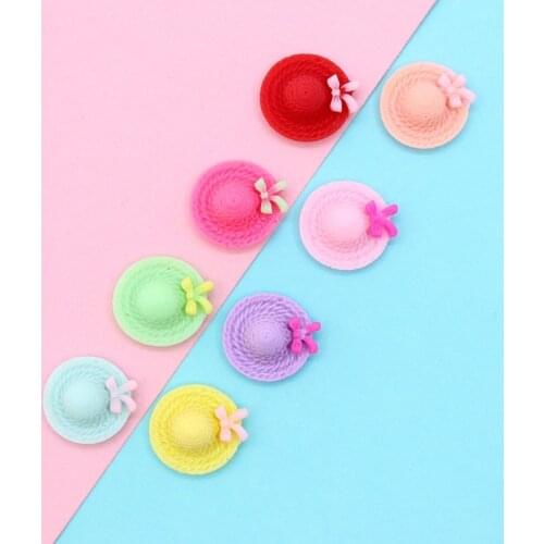 Ribbon Knot Bow Decorated Summer Hat shape Kawaii Resin Cabochons Ornament Accessories Clay Charms Pendant patch Sticker 20pcs