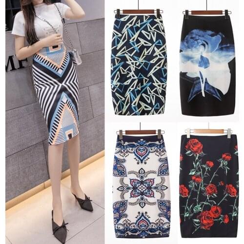 Ready Stock Fashion Print High Waist Pencil Skirts Women OL Work Wear Floral Print skirts midi skirt