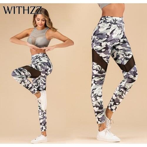 WITHZZ Stretch Mesh Gauze Camo Printing High Waist Sports Pants Female Fitness Leggings