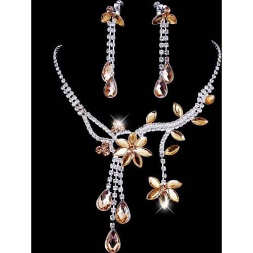 Women Wedding Party Bridal Floral Tassel Drop Rhinestone Earrings Necklace Jewelry Set