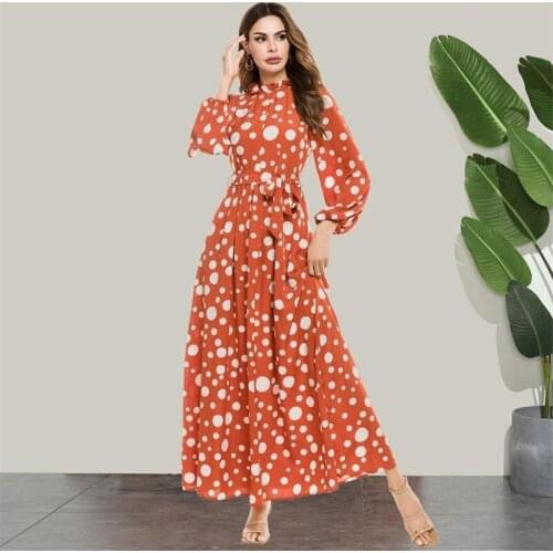 Siskakia Elegant Dot Long Dress Sweet Frill Stand Collar lantern Full Sleeve Maxi Dresses Orange Fall 2021 New Women Clothing