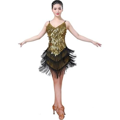 Adult Women Drop Sling Deep V-neck Sequined Dress Multi-layer Fringed Dance Dresses Latin Dance Performance Clothes