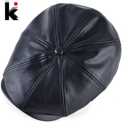 Winter PU Berets Cap Men Autumn Faux Leather Octagonal Hats For Women Fashion Streetwear Peaked Caps Casual Unisex Flat bones